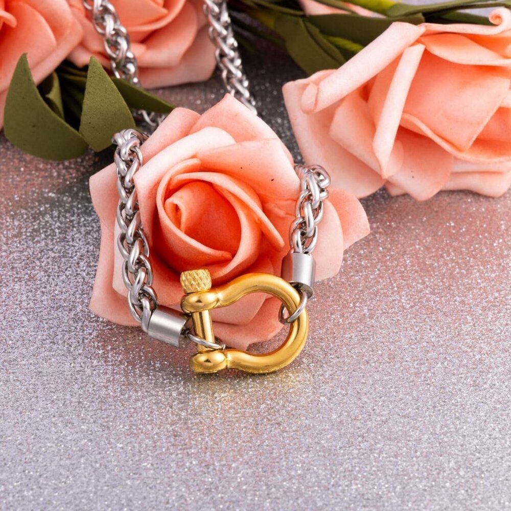 Heavy Screw Anchor Shackle Wheat Chain Necklace for Women, 18.5 inch Gold/Silver - Picture 6 of 6